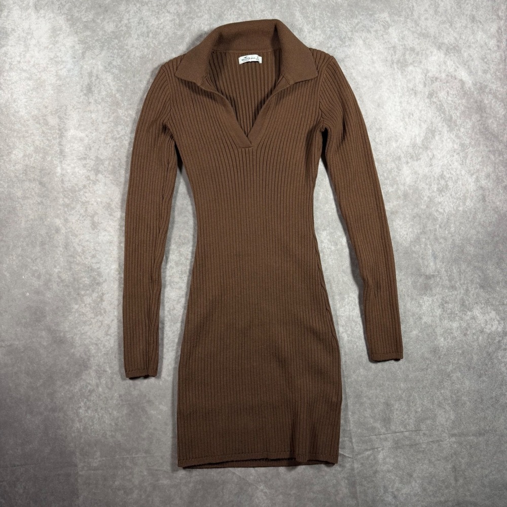 Hollister Brown Ribbed Long Sleeve Collared V-Neck Mini Bodycon Dress Small